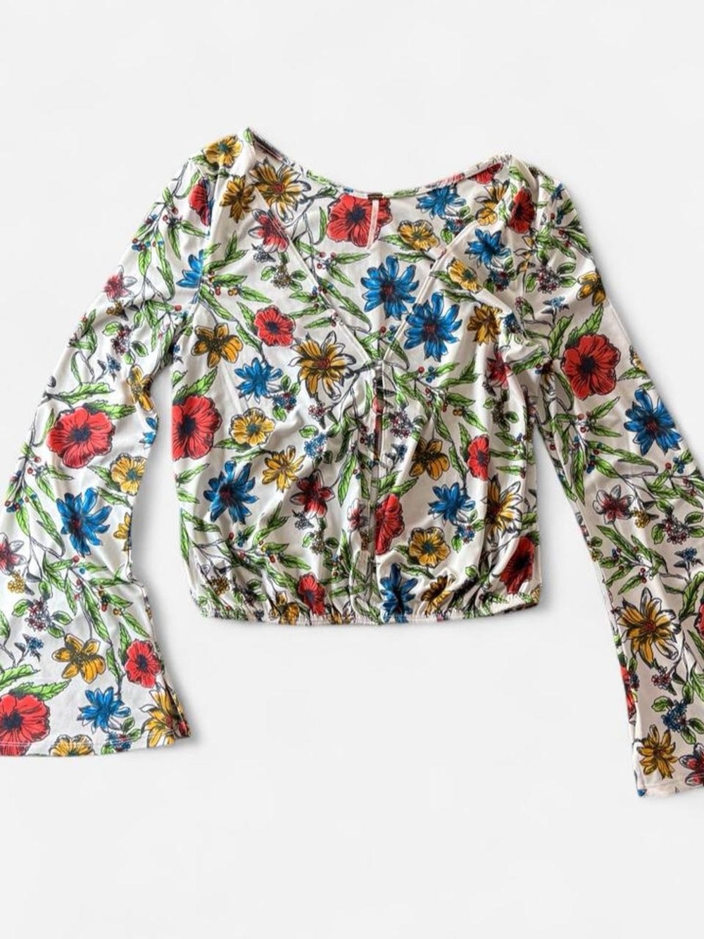 Free People White Floral Tie-Front Crop Top
